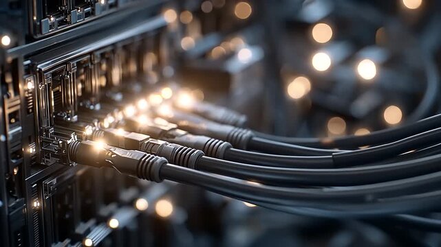 Data center server rack with ethernet cables connected, information and network technology