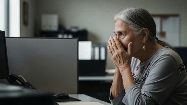 Elderly Woman Experiencing Stress at Work in Office Environment Looking Tired and Overwhelmed