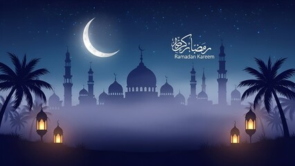 Ramadan Kareem illuminated by crescent moon and lanterns with palm trees and mosque silhouette at night