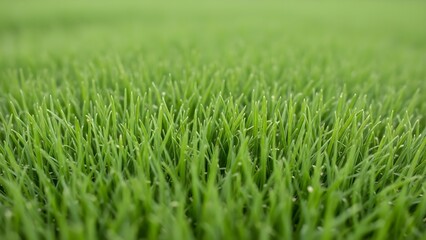 Fototapeta premium Closeup of vibrant green grass blades with dew drops.