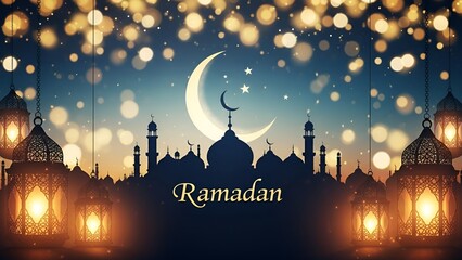 Elegant Islamic festive background with mosque silhouette, glowing crescent moon, and twinkling lanterns creating a serene and spiritual atmosphere for greetings and celebrations