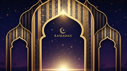 Islamic Ramadan festival celebration abstract background with crescent moon and ornate golden archways