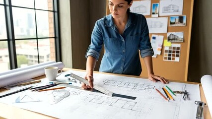 Architect reviewing blueprints in a modern office