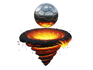 Metallic soccer ball hovering over a fiery lava tornado isolated on transparent background for sports branding and poster design