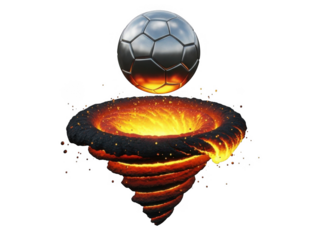 Metallic soccer ball hovering over a fiery lava tornado isolated on transparent background for sports branding and poster design