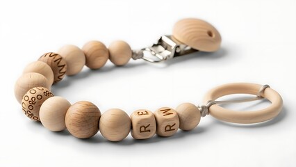 Personalized wooden pacifier clip with engraved letter beads and natural wood finish.