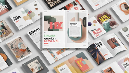 Colorful array of modern magazines and brochures on a white surface