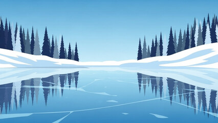 Fototapeta premium Frozen lake with snow covered trees and icy shoreline in winter landscape