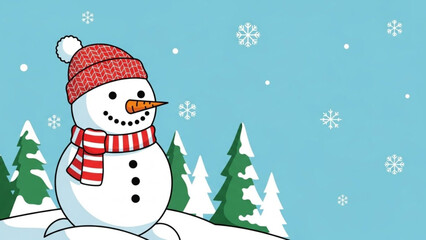 Fototapeta premium A cheerful snowman wearing a red hat and scarf stands on a snowy hill with pine trees
