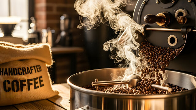 Artisan small batch coffee roasting with beans falling and natural smoke