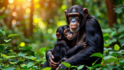 mother chimpanzee holding her baby her arms mother sitting lush green forest trees foliage background baby chimpanzee looking directly camera curious expression its face adult chimpanzee has long