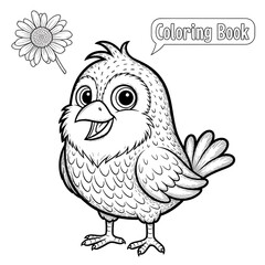 Fototapeta premium Charming cartoon bird with flower for a coloring book page for children