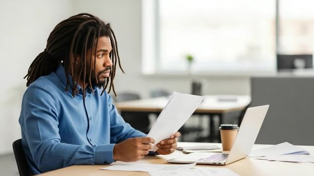 Young African American Man Analyzing Reports at a Modern Office Desk with Laptop and Coffee Cup