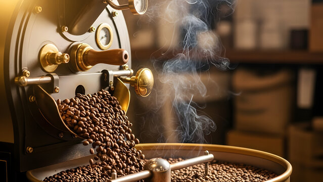 Small batch coffee roasting with beans falling and smoke - Powered by Adobe