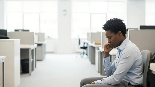 Thoughtful Young Man in Blue Shirt Sitting Alone in Modern Office Space Reflecting on Work Challenges