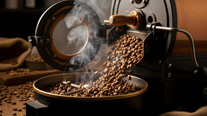 Artisan small batch coffee roasting with beans smoothly falling and natural smoke