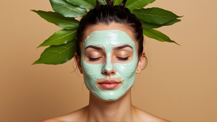 close portrait young woman green facial mask her face mask light green material covers her entire face she has her eyes closed her head tilted slightly side her hair pulled back bun large green leaf