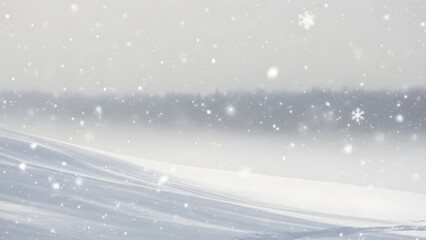 Snowflakes gently falling on a serene winter landscape from a high vantage point