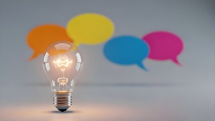 Illuminated Light Bulb with Colorful Speech Bubbles Representing Ideas and Communication.