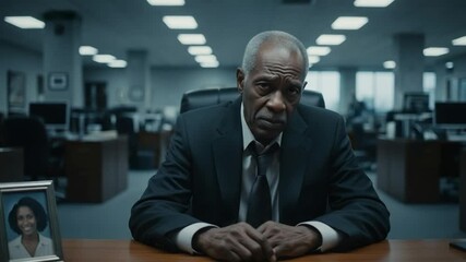 Elderly Man in Business Suit Sitting at Office Desk Contemplating Life Choices