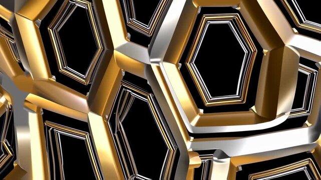 Abstract geometric design of interlocking golden and silver hexagons