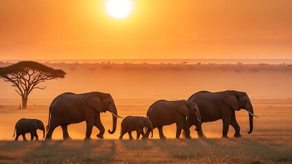 Fototapeta premium Elephant Family Walking Together at Sunrise Wildlife Safari Adventure Travel