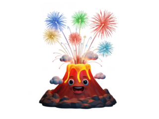 Cute cartoon volcano character erupting fireworks isolated on transparent background for celebrations, web graphics, and app design