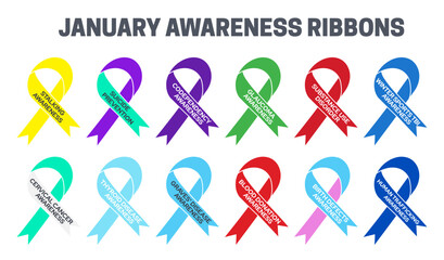 January Awareness Ribbons Set for Stalking, Suicide, Codependency, Glaucoma, Substance Use Disorder, Wintersports TBI, Cervical Cancer, Thyroid Disease, Graves, Human Trafficking Awareness Ribbon