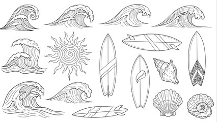 Fototapeta premium Collection of Hand Drawn Ocean Waves Surfboards Seashells and Sun Elements.