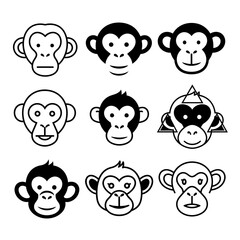Collection of nine stylized monkey faces in a grid pattern.