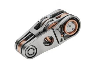 Detailed mechanical component made of metal and copper isolated on transparent background for engineering and industrial design