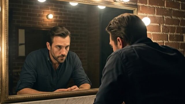 Man gazes at reflection in mirror, exploring duality and identity.