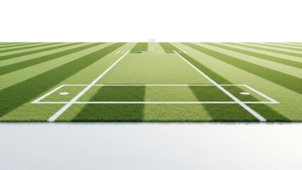 Close-up of a cricket pitch with striped green grass and white boundary lines | circular, cricket, ground, pitch, wicket, stumps, grass, field, sport, game.