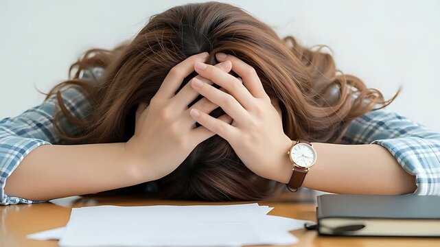 机に突っ伏して泣く女性、耐えきれないストレスと疲労