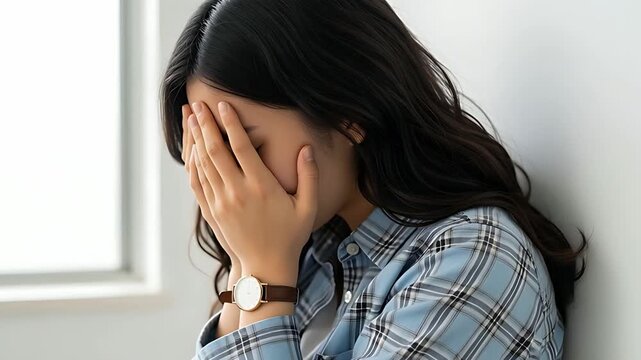顔を覆って泣く女性、深い悲しみと心の傷