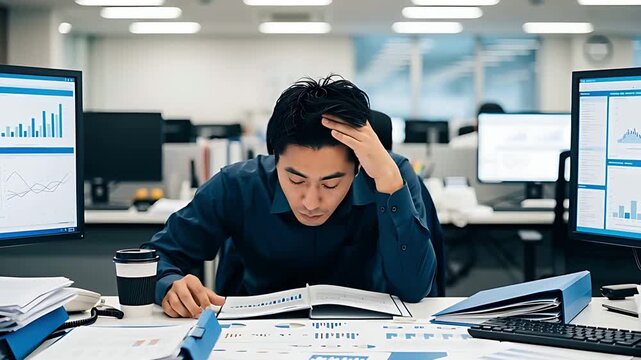 書類の山に囲まれて頭を抱えるビジネスマン、多忙と責任の重圧