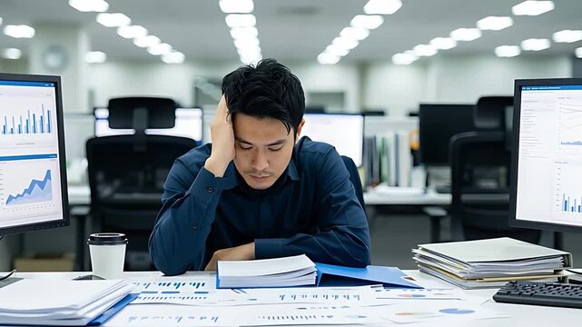 広いオフィスで一人頭を抱えるビジネスマン、組織の中の孤独