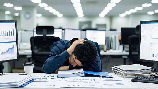大量の書類を前に絶望するビジネスマン、終わりの見えない業務