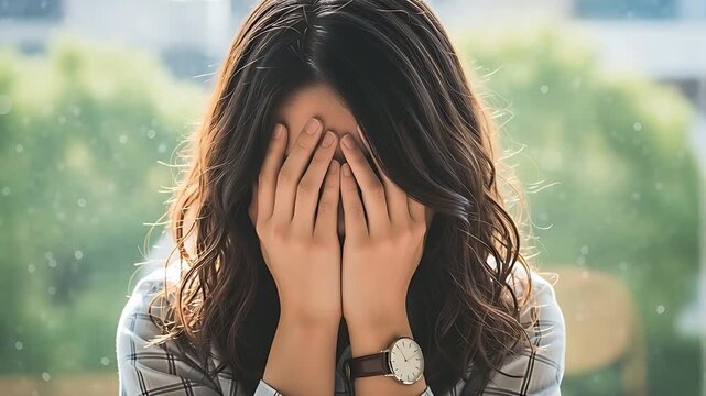 顔を覆ってうつむく女性、深い悲しみと後悔の念