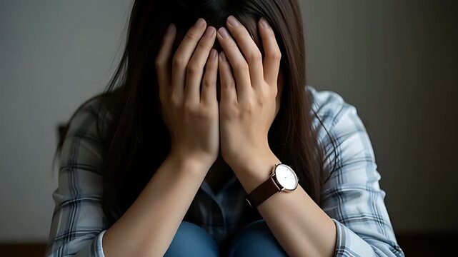 顔を覆って泣く女性のアップ、抑えきれない感情の爆発