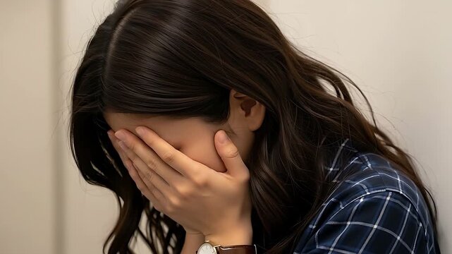両手で顔を隠して泣く女性、人に見せたくない弱さと涙