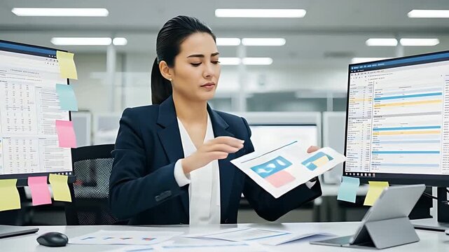 オフィスで頭を抱えるビジネスウーマン、仕事のストレスとプレッシャー