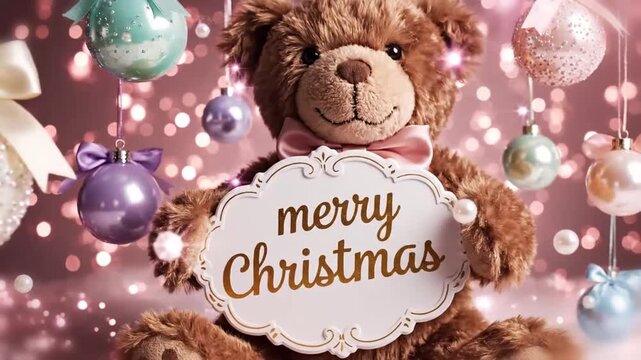 a teddy bear suspended in a floating rectangular christmas frame holding a cream card that reads season&rsquo;s greetings