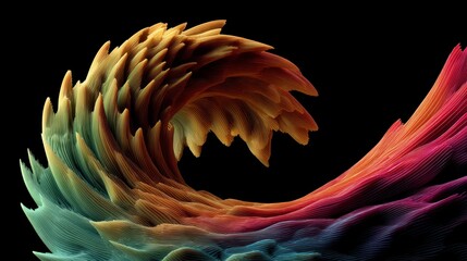 A vibrant, abstract, digitally rendered wave form. Gradients of color, from turquoise to red, create a textured appearance against a black background