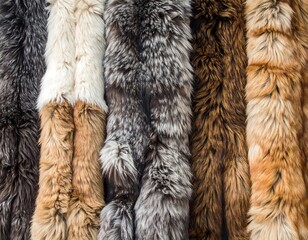 Colorful, vertically arranged furs of varying textures and hues
