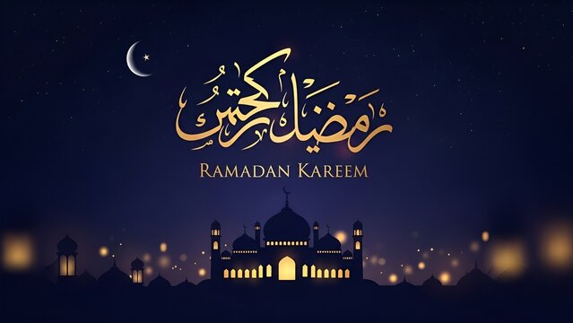 Beautiful Ramadan Kareem mosque illustration with crescent moon and bokeh lights for Islamic greeting and celebration