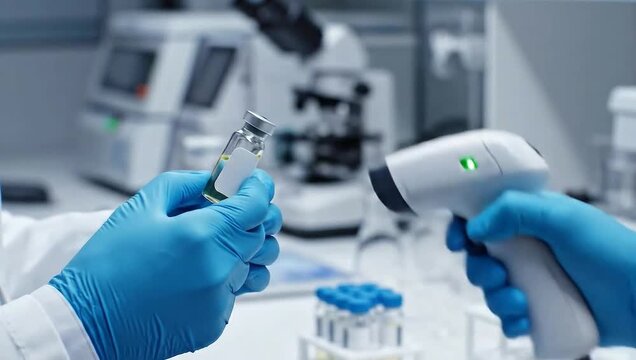 Vaccine Vial Inspection with Barcode Scanner in Lab.
