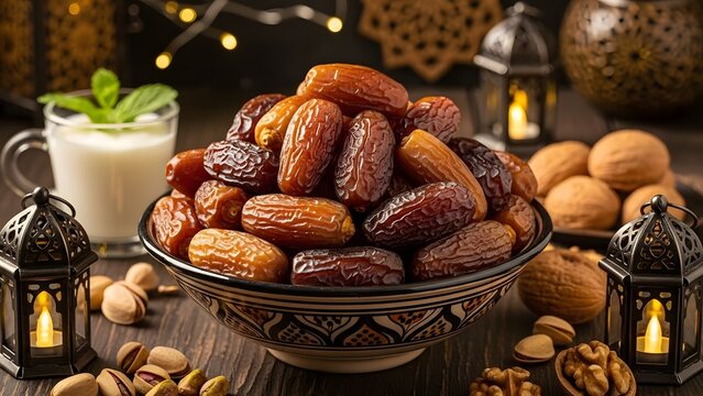 Decorative bowl of dates and nuts