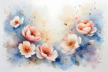 A beautiful pink rose blossom adds a touch of nature and love to this grunge floral background featuring a macro closeup of spring petals and a blooming bouquet perfect for a wedding card.