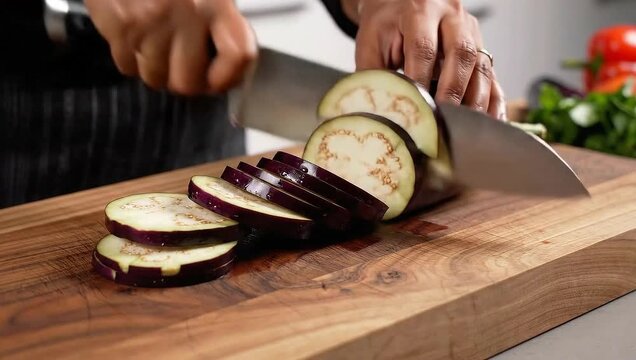 Slicing Eggplant on Wooden Cutting Board in Kitchen.
